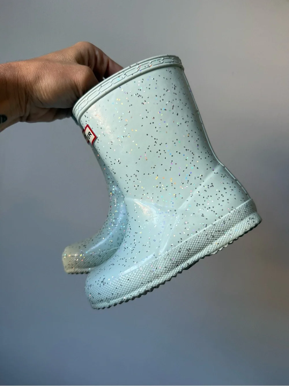 HUNTER Kids First Giant Glitter Sparkly Rain Boots Mint Aqua Light Blue Size 7C